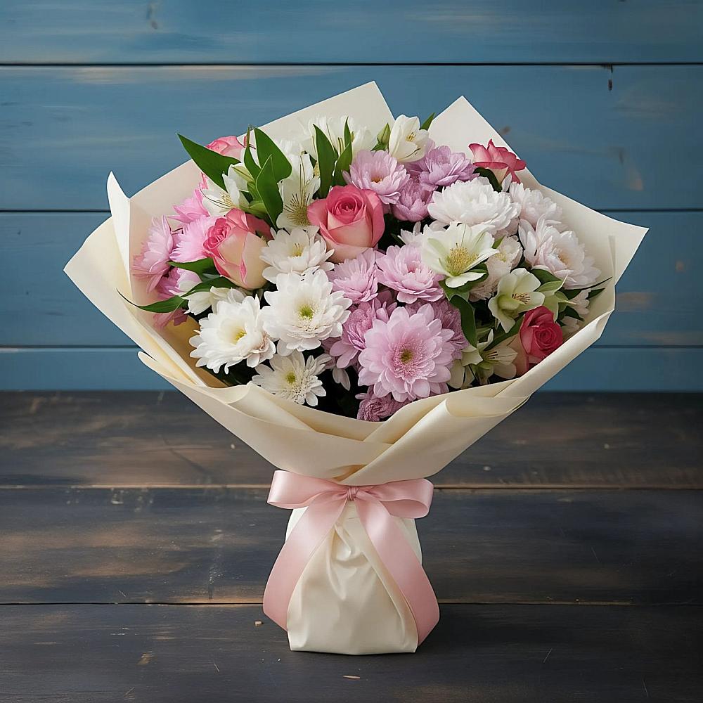 Букет цветов из: Хризантемы, Альстромерии и Розы в Ягул